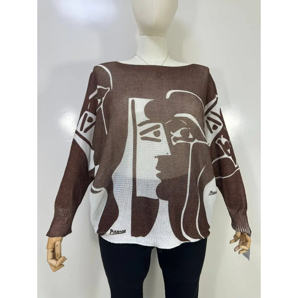 L47 Loowie Picasso Face Round Knit Printed Sweater One Size